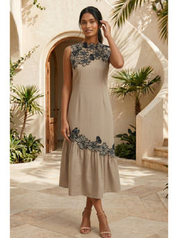 BOHO-CHIC By Sukriti Jain - Taupe Floral Applique Midi Dress