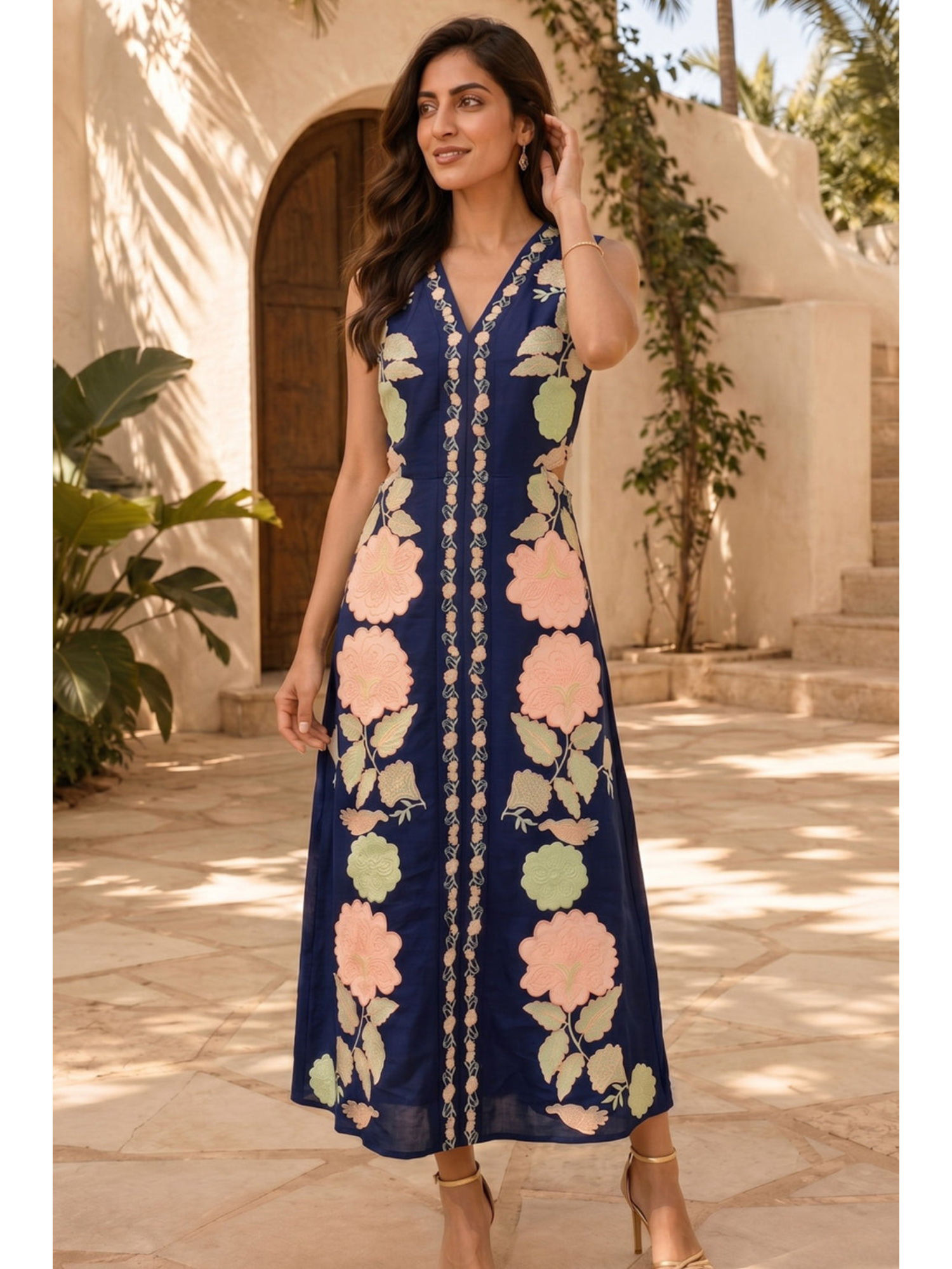 Navy Blue Botanical Embroidered Maxi Dress-picture-38