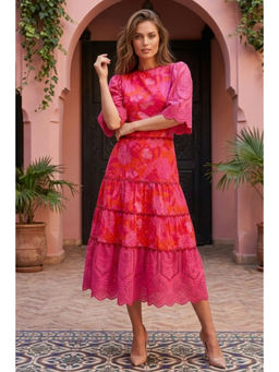 BOHO-CHIC By Sukriti Jain - Pink Mix and Match Broderie Printed Striking Midi Dress