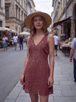 DaKauz - Brown Boho Embroidered Mini Dress