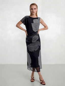 DaKauz - Black Smoke and Shadow Draped Midi Dress