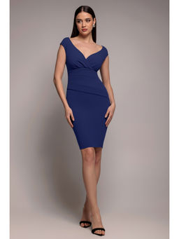 GODDIVA - Women Navy Blue Bardot Pleated Midi Dress