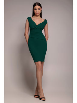 GODDIVA - Women Green Bardot Pleated Midi Dress