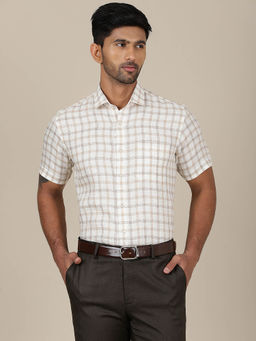 JadeBlue - Men Beige Linen Checked Regular Fit Half Sleeve Formal Shirt