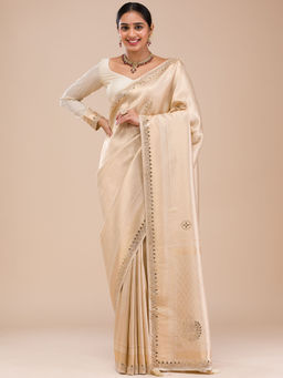 Koskii - Ivory Woven- Mirror Work Silk Saree with Unstitched Blouse