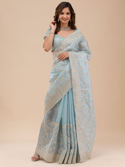 Koskii - Women Zariwork (Silver) Tissue Saree With Unstitched Blouse