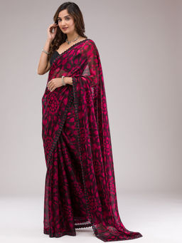 Koskii - Dark Pink Printed Organza Saree with Unstitched Blouse