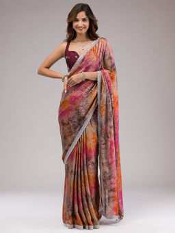 Koskii - Orange Printed Semi Crepe Saree with Unstitched Blouse