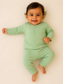 Mee Mee - Baby Thermal Ribbed Full Sleeve Shirt and Winter Wear Joggers- Sage Green