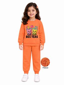 Trampoline - Girls Orange Fleece Best Teas Printed Sweatshirt With Joggers