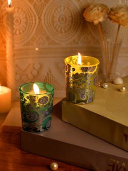 Tayhaa - Set Of 2 Illuminated Candle Green and Yellow
