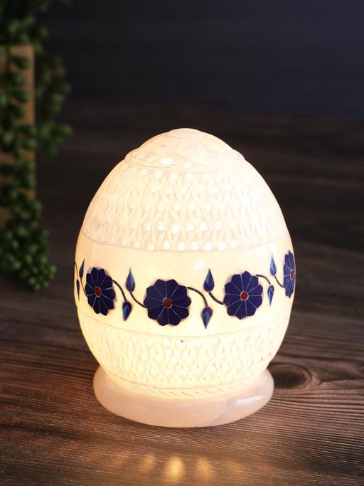 AAPNO RAJASTHAN Cutwork and Inlay Stone Crafted Marble White & Blue Tea Light Candle Holder