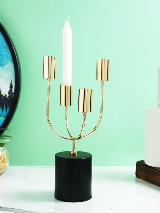 Tayhaa Celestial Gold Toned Solid 4 Arm Pillar Metal Candle Holder