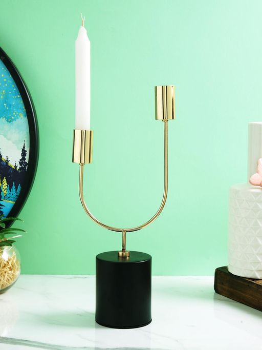 Tayhaa Celestial Gold Toned Black Solid 2 Arm Pillar Metal Candle Holder