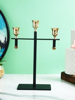 Tayhaa - Gold Toned Black Trio Radiant 3 Arm Pillar Candle Holder