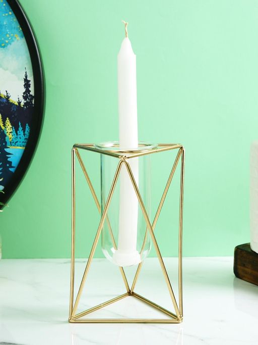 Tayhaa Golden Prism Metal Pillar Candle Holder