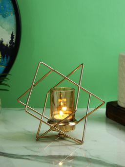 Tayhaa - Gold Toned Transparent Prism Pillar Metal Glass Candle Holder