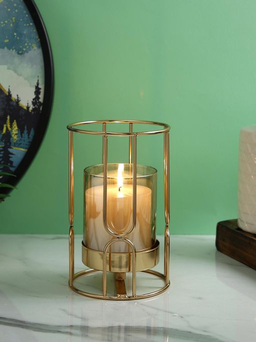 Tayhaa Gold Toned Glass Cylindrical Tea Light Candle Holder