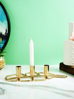 Tayhaa - Golden Metal Leaf Triple Pillar Candle Holder