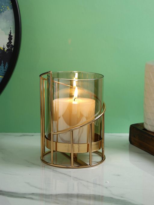 Tayhaa Golden Metal & Glass Tea Light Candle Holder