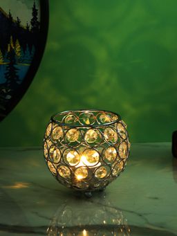 Tayhaa - Decent Silver Toned Transparent Textured Crystal Tea Light Candle Holder