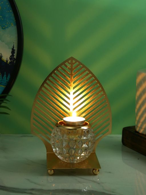 Tayhaa Gold Toned Transparent Textured Leaf Metal Glass Tea Light Candle Holder