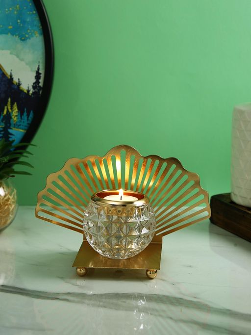 Tayhaa Gold Toned Transparent Textured Seashell Metal Glass Tea Light Candle Holder