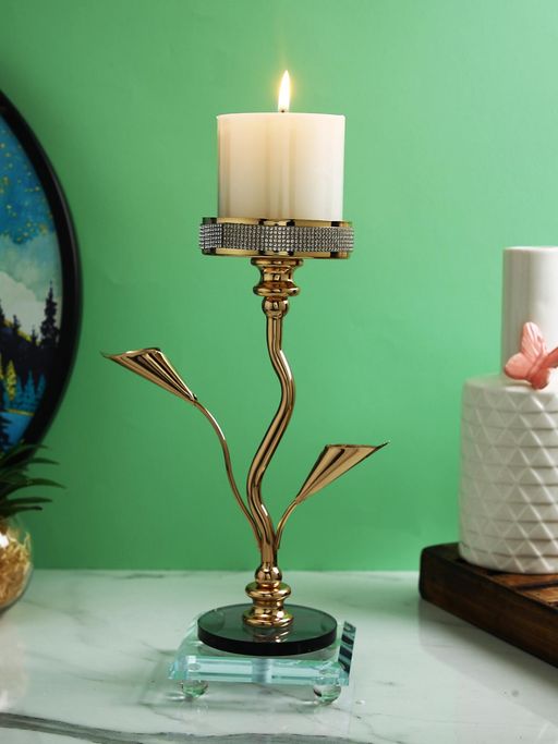 Tayhaa Gold Toned Textured Metal Nature Pillar Candle Holder