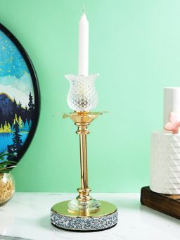 Tayhaa - Golden Metal & Glass Pillar Candle Holder