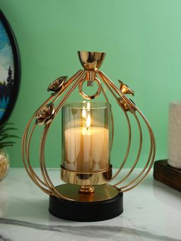 Tayhaa - Gold Toned Transparent Solid Caged Metal Glass Hurricane Candle Holder