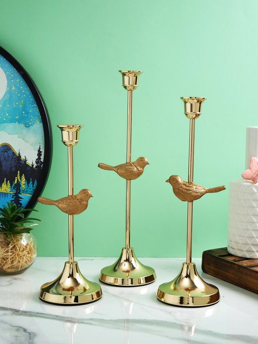 Tayhaa Gold Toned 3 Pieces Textured Avian Elegance Metal Pillar Candle Holder