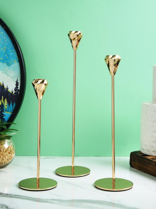 Tayhaa Gold Toned 3 Pieces Solid Pillar Metal Candle Holder