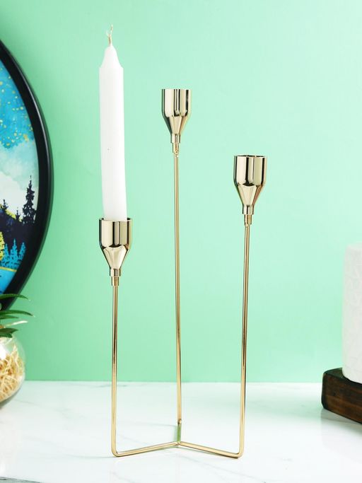 Tayhaa Gold Toned Solid 3 Arm Pillar Metal Candle Holder
