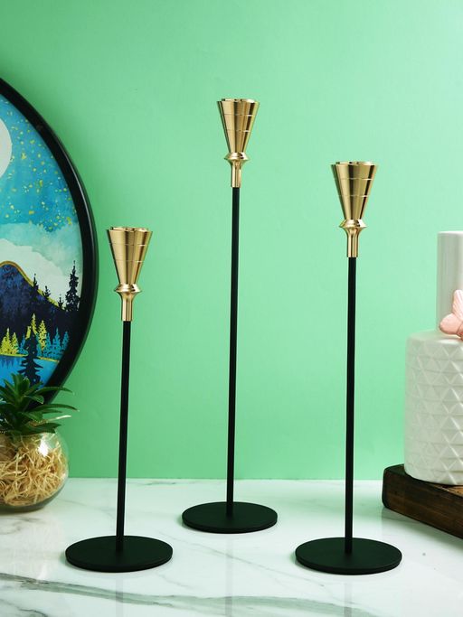 Tayhaa Gold Toned Black 3 Pieces Solid Pillar Metal Pillar Candle Holder