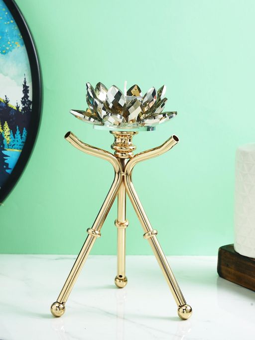 Tayhaa Majestic Sunburst Gold Toned Solid Metal Pilar Pillar Candle Holder