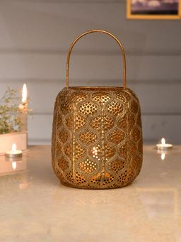 Tayhaa - Antique Look Golden Hanging Lantern with Candle Holder