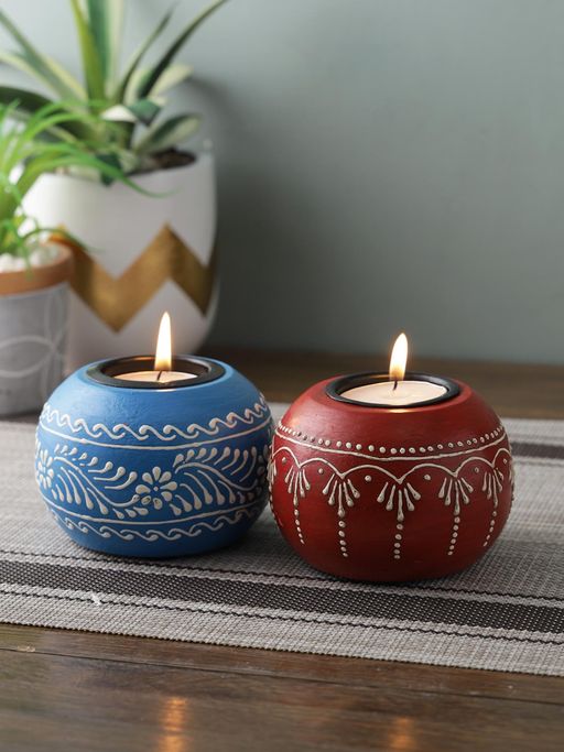 AAPNO RAJASTHAN Traditional Design Wooden Set Of 2 Red & Blue Tea Light Candle Holder