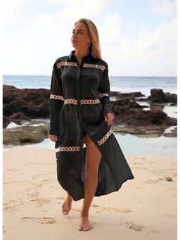 Keepfit - Women'S Black Liva Viscose Rayon Lace Insert Beach Cover Up Shirt