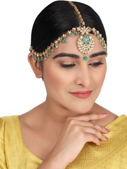 Anika's Creations - Bridal Look Emerald Green Kundan and Beads Designer Maathapatti