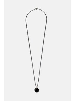 Snitch - Men Black Circular Inlay Silver Toned Pendant Necklace