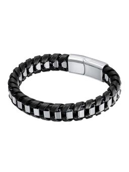 Peora - Men Stainless Steel and Black Leather Openable Bracelet