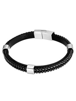 Peora - Men Stainless Steel Black Leather Stylish Bracelet