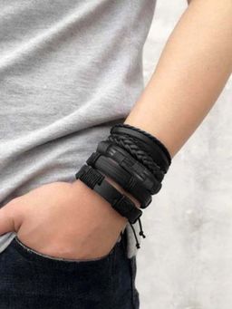 Peora - Men Black Synthetic Leather Bracelets (Pack of 5)