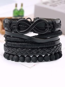 Peora - Men Black Leather Handmade Bracelets (Pack of 4)