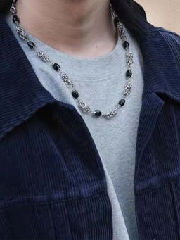 Peora - Men Silver Plated Faux Black Beads Stylish Chain Necklace