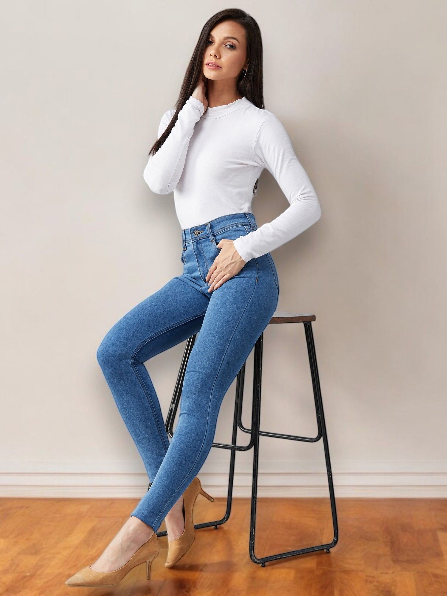 Women's Blue Skinny High Rise Distressed Regular Length Denim Jeans-image-37