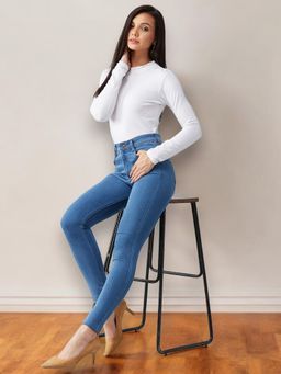 Miss Chase - Women's Blue Skinny High Rise Distressed Regular Length Denim Jeans