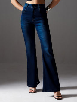 Miss Chase - Women's Blue Bootcut Mid Rise Regular Length Denim Stretchable Jeans