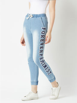 Miss Chase - Women's Light Blue Regular Fit Mid Rise Regular Stretchable Denim Jogger