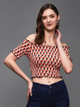 Miss Chase - Womens Orange And Navy Bardot Half Sleeve Geometric Patterned Off Shoulder Crop Top